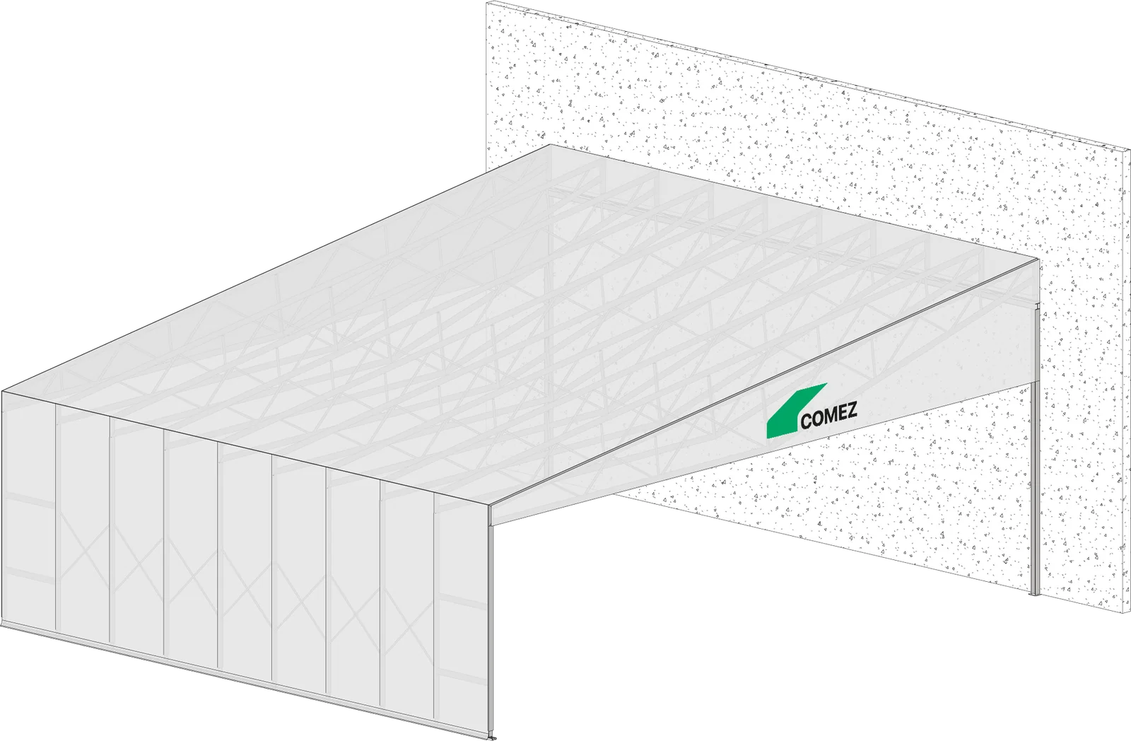 Render del tunnel laterale COMEZ Serie TMZ affiancato a un fabbricato
